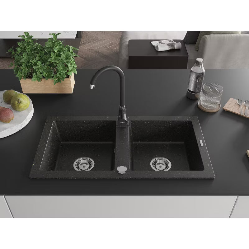 Granitvask 2-Kammer 82x44 cm Sort med Armatur