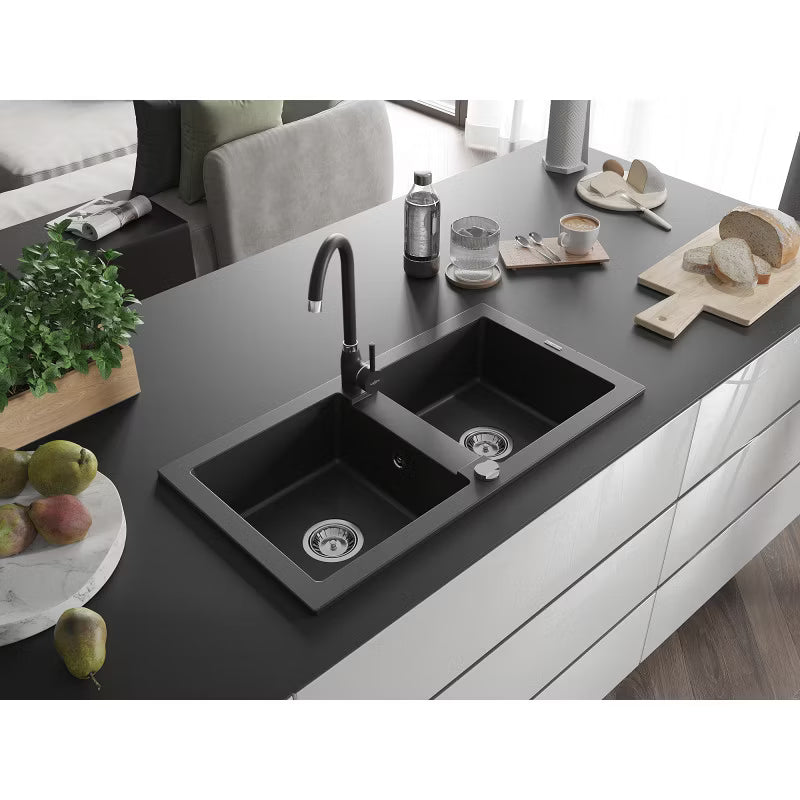 Granitvask 2-Kammer 82x44 cm Sort med Blander