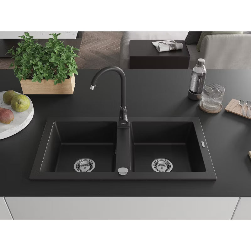Granitvask 2-Kammer 82x44 cm Sort med Blander