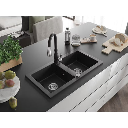 Granitvask 2-Kammer 82x44 cm Sort/Sølv Metallisk med Armatur