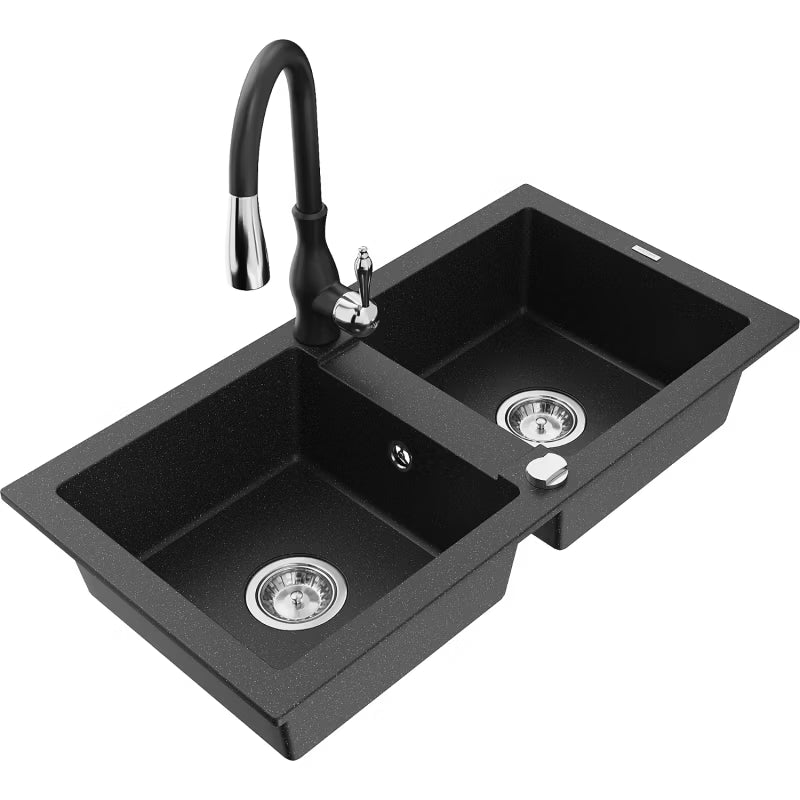 Granitvask 2-Kammer 82x44 cm Sort/Sølv Metallisk med Armatur