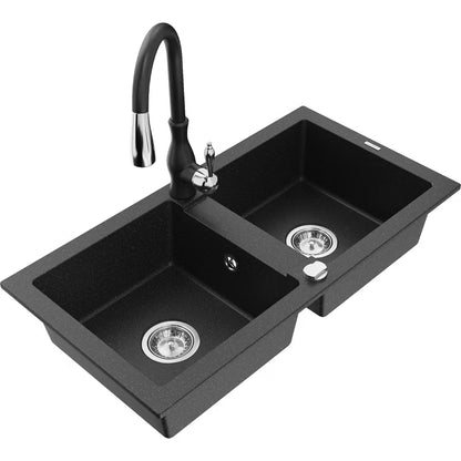 Granitvask 2-Kammer 82x44 cm Sort/Sølv Metallisk med Armatur