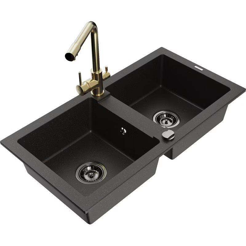 Granitvask 2-Kammer Mario 82x43,6 cm Sort med Armatur Guld