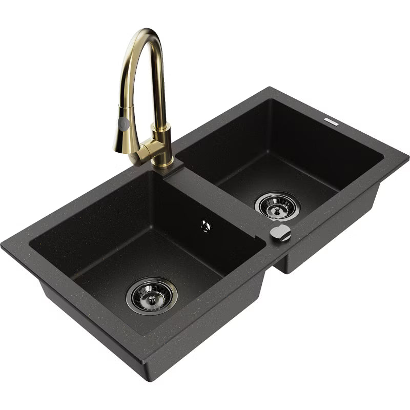 Granitvask 2-Kammer Sort med Armatur Guld