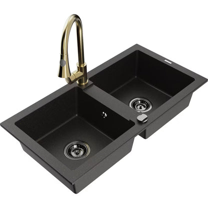 Granitvask 2-Kammer Sort med Armatur Guld