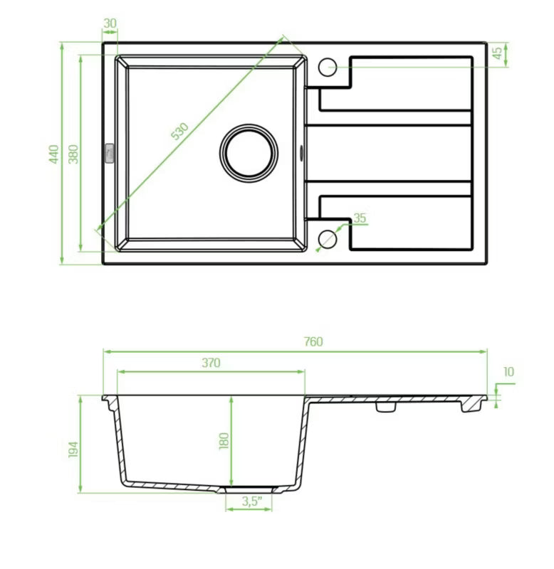 Granitvask 44x76 cm Grå med Afløbsbakke