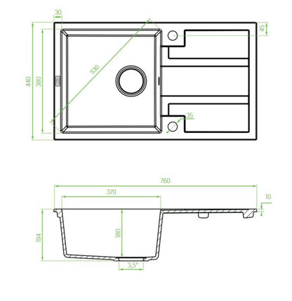 Granitvask 44x76 cm Grå med Afløbsbakke