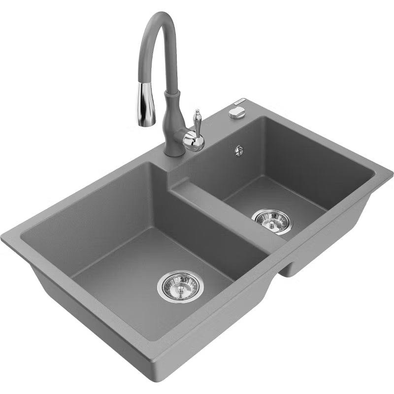 Granitvask 80x50 cm 2-Kammer Grå med Vandhane