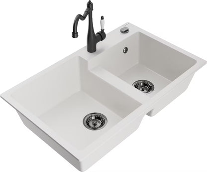 Granitvask 80x50 cm 2-Kammer Hvid med Armatur