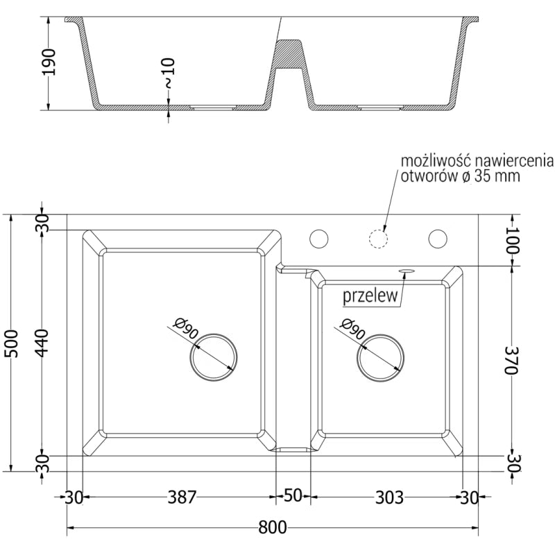 Granitvask 80x50 cm 2-Kammer med Armatur