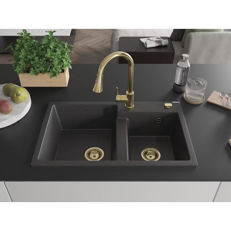 Granitvask 80x50 cm 2-Kammer Sort Spættet med Armatur