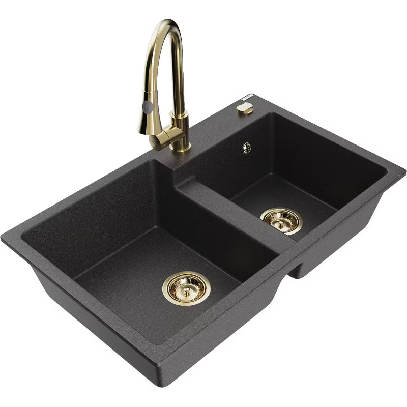 Granitvask 80x50 cm 2-Kammer Sort Spættet med Armatur