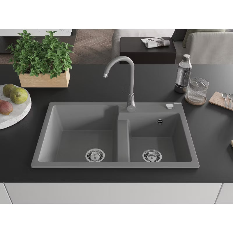 Granitvask 80x50 cm Dobbeltkumme Grå