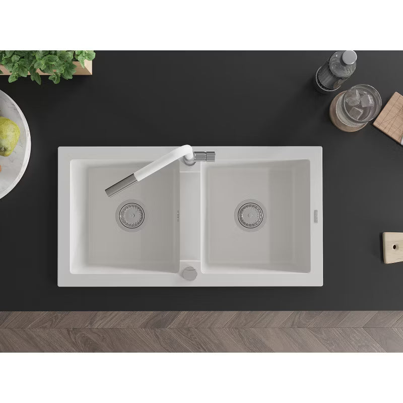 Granitvask 82x43,6 cm 2-Kammer Hvid med Armatur