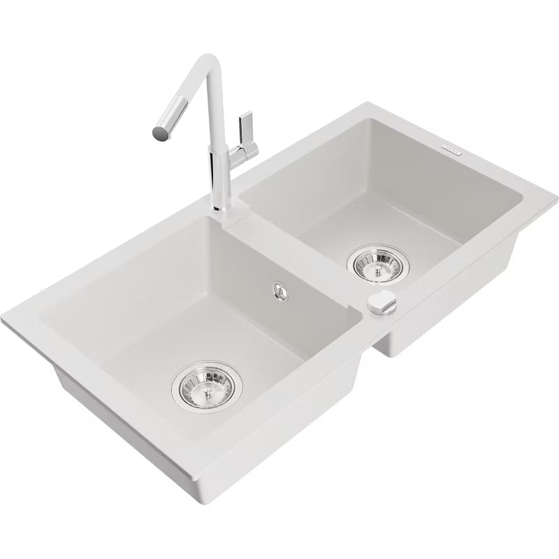 Granitvask 82x43,6 cm 2-Kammer Hvid med Armatur
