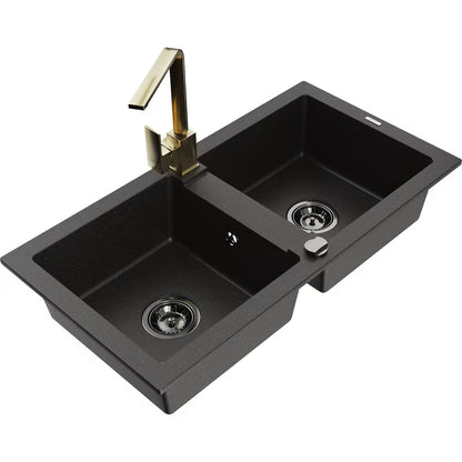 Granitvask 82x43,6 cm Sort Metalik 2-Kammer med Armatur