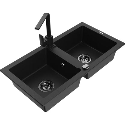 Granitvask 82x44 cm 2-Kammer Sort med Armatur