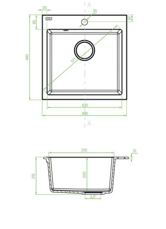 Granitvask Alena 1-Kammer 49x49 cm Sort