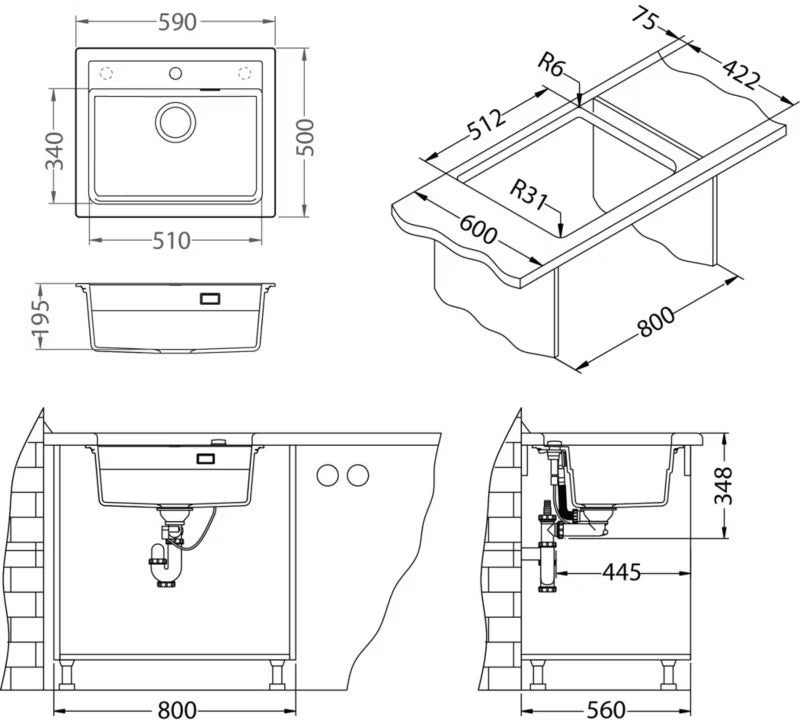 Granitvask Atrox 30 59x50 cm Sort 1-Kammer