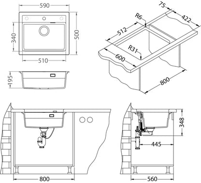 Granitvask Atrox 30 59x50 cm Sort 1-Kammer