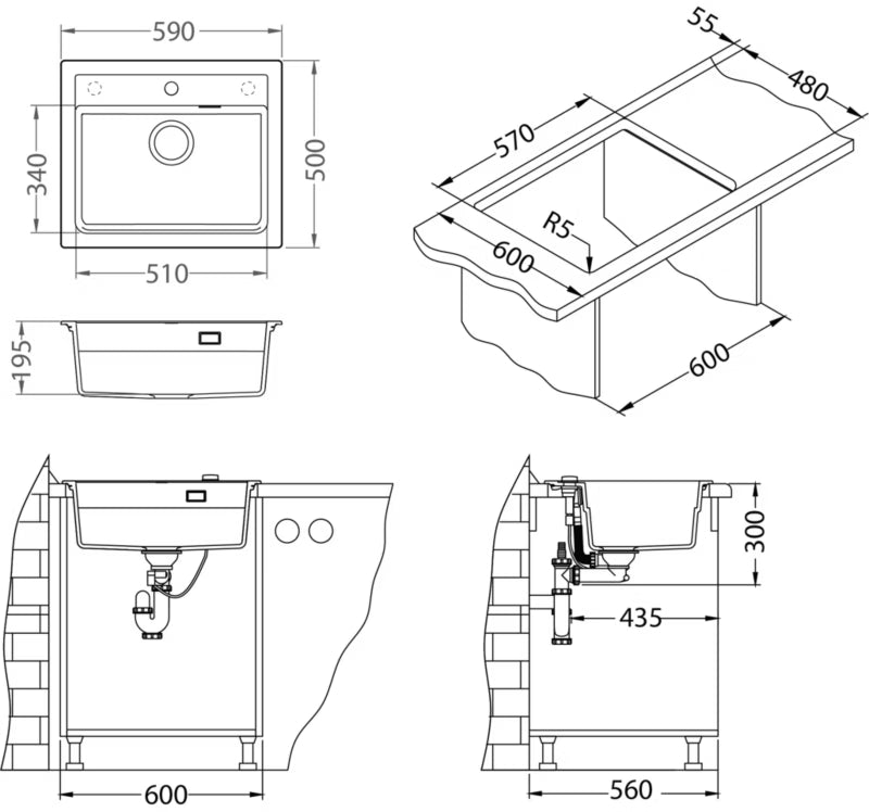 Granitvask Atrox 30 59x50 cm Sort 1-Kammer