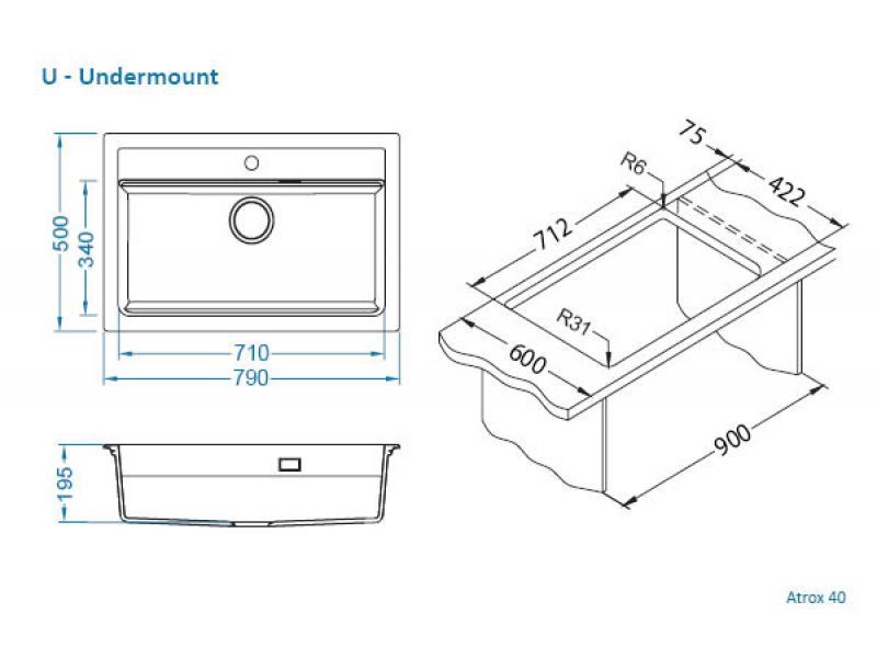 Granitvask Atrox 40 79x50 cm 1-Kammer Sort