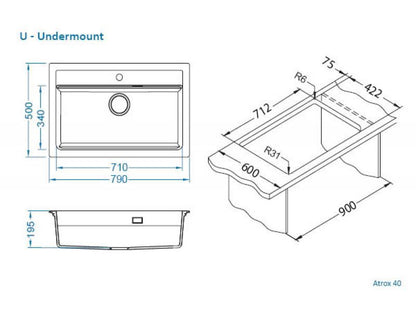 Granitvask Atrox 40 79x50 cm 1-Kammer Sort