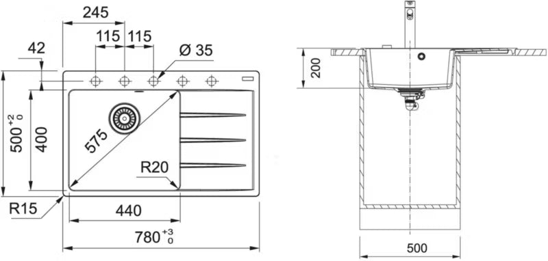 Granitvask Centro 611 78 TL 78x50 cm Sort Mat