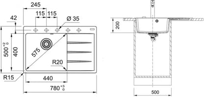 Granitvask Centro 611 78 TL 78x50 cm Sort Mat