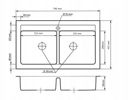 Granitvask Duet 2-Kammer 75,6x44,7 cm Sort Mat