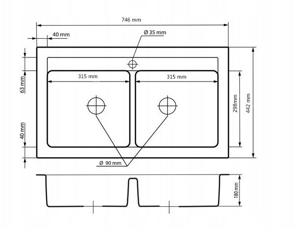 Granitvask Duet 2-Kammer 75,6x44,7 cm Sort Mat