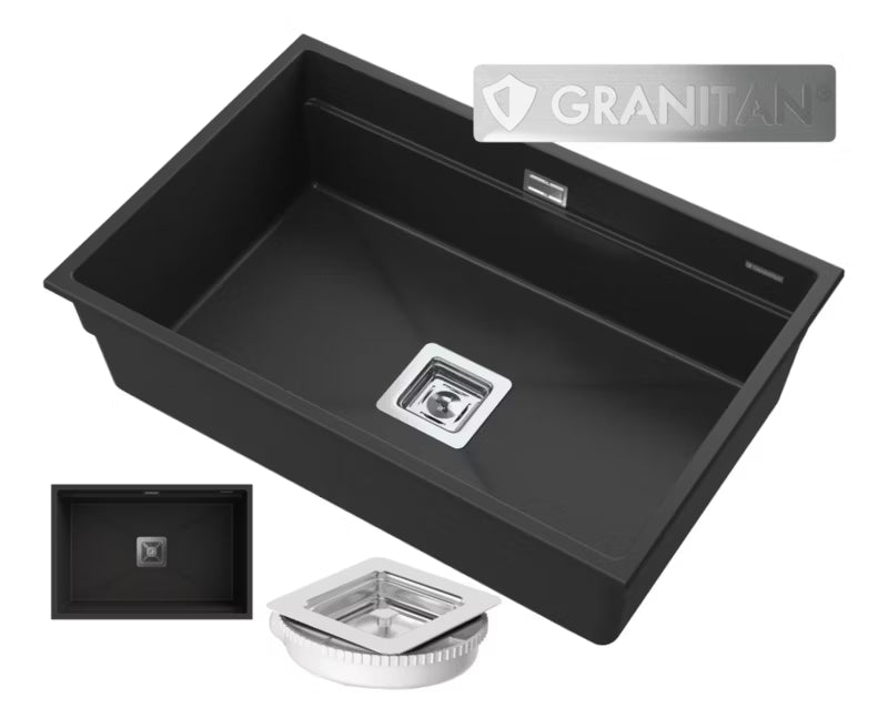 Granitvask Epir 1-Kammer 70x47 cm Sort med Syfon