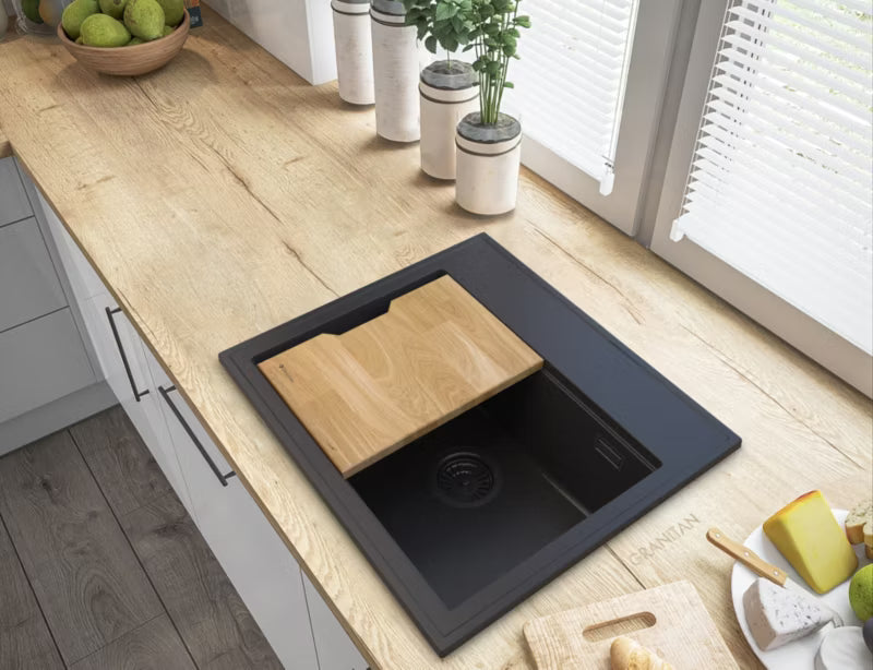 Granitvask Foxal 1-Kammer 56,5x50,5 cm Sort med Vandlås