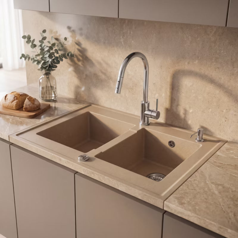 Granitvask Grande 80x60 cm Beige 2-Kammer