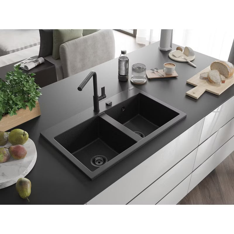 Granitvask Hektor 80x48 cm 2-Kammer Sort Sølv Metalik