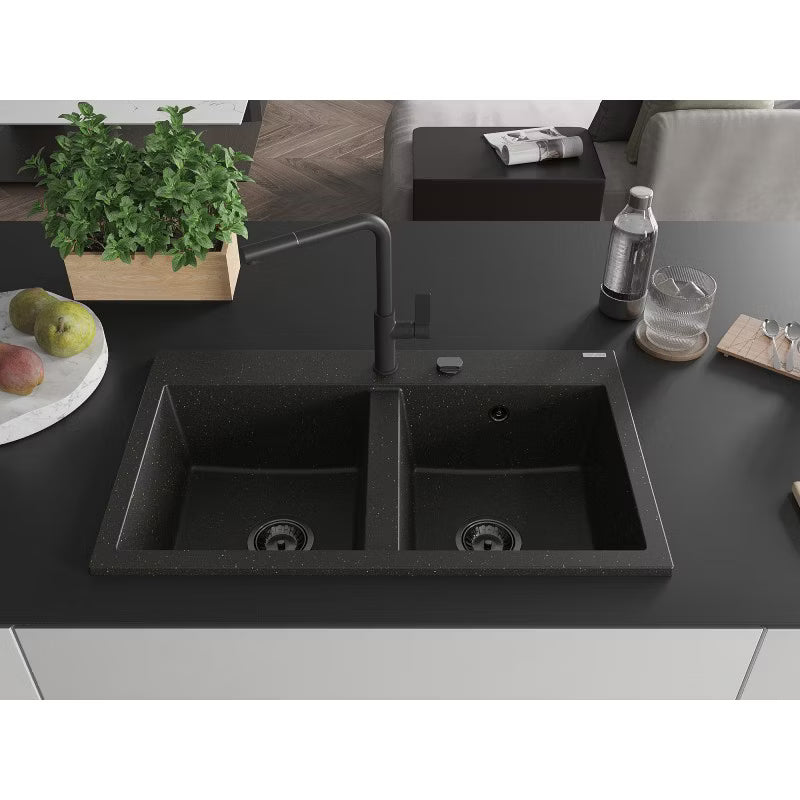 Granitvask Hektor 80x48 cm 2-Kammer Sort/Guld Metalik