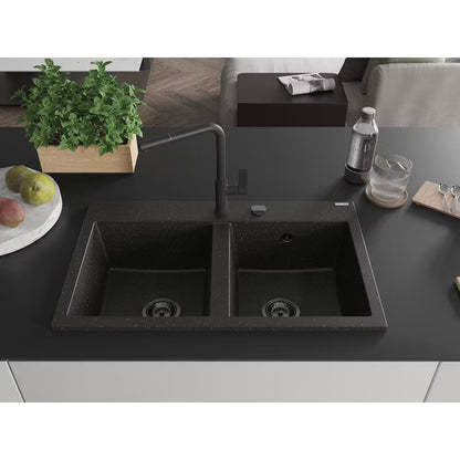 Granitvask Hektor 80x48 cm 2-Kammer Sort/Guld Metalik