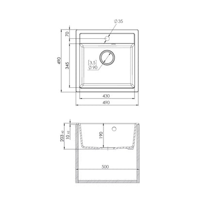 Granitvask Horizon 49x49 cm Sort Metalik med Armatur