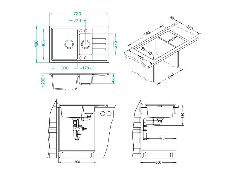 Granitvask Intermezzo 70 78x48 cm Sort