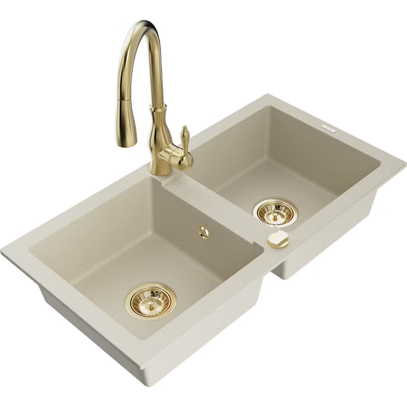 Granitvask Mario 2-Kammer 82x43,6 cm Beige med Savita Armatur
