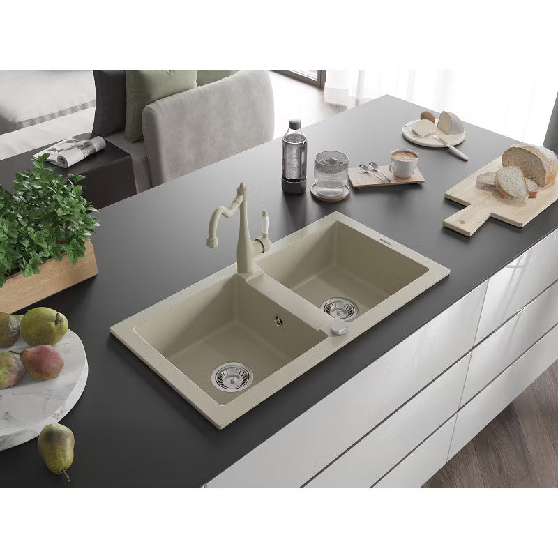 Granitvask Mario 2-Kammer 82x43,6 cm Beige med Armatur