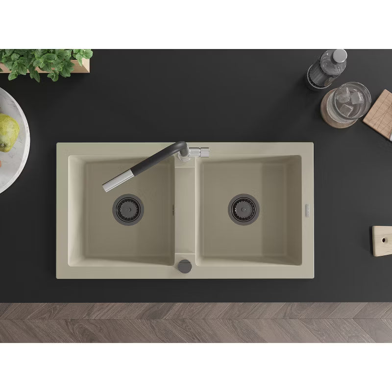 Granitvask Mario 2-Kammer 82x43,6 cm Beige med Flora Armatur