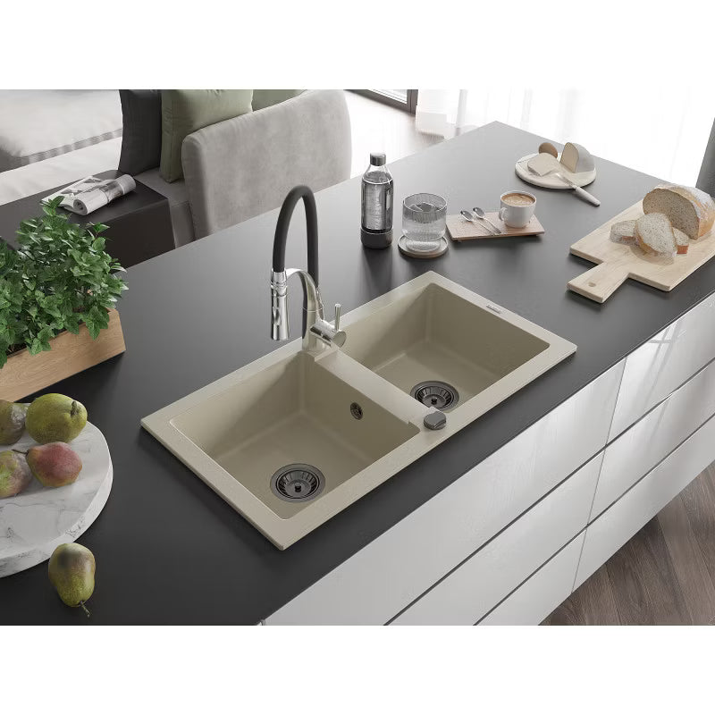 Granitvask Mario 2-Kammer 82x43,6 cm Beige med Armatur