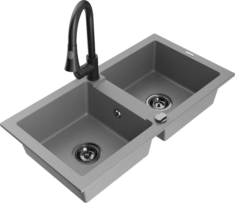 Granitvask Mario 2-Kammer 82x43,6 cm Grå med Armatur