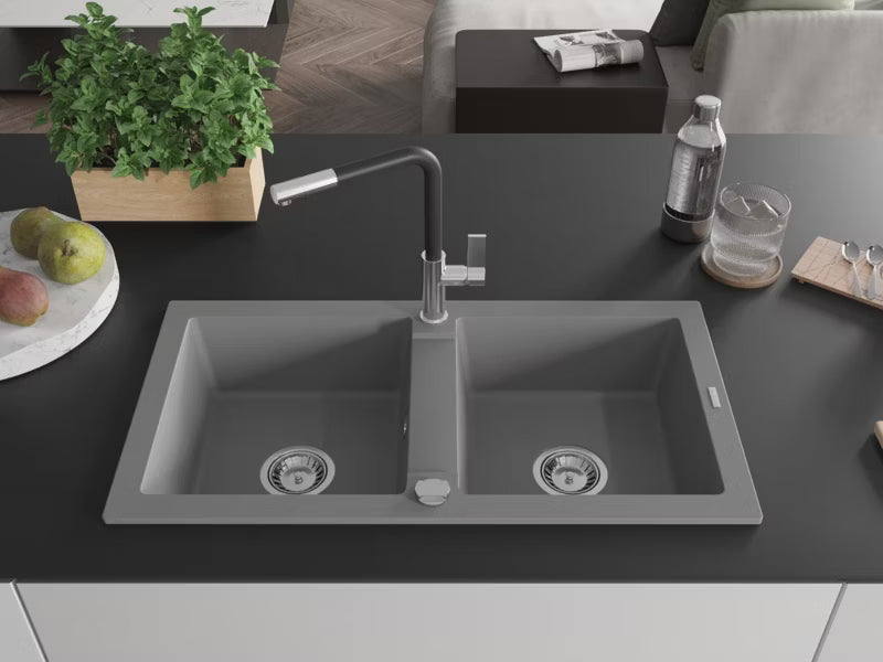 Granitvask Mario 2-Kammer 82x43,6 cm Grå med Armatur