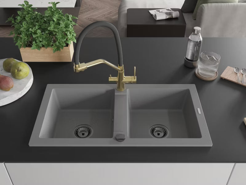 Granitvask Mario 2-Kammer 82x43,6 cm Grå med Armatur