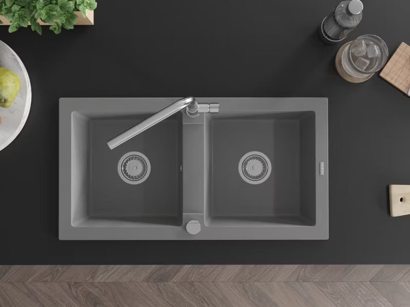 Granitvask Mario 2-Kammer 82x43,6 cm Grå med Armatur