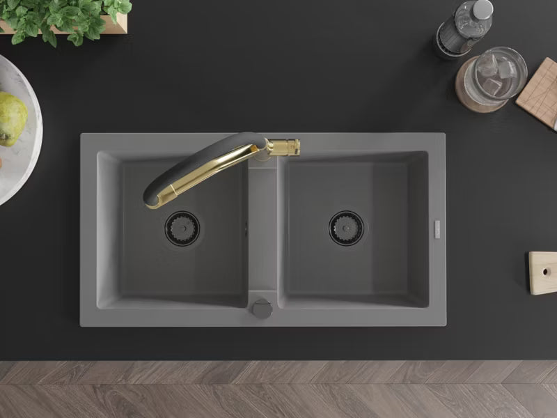 Granitvask Mario 2-Kammer 82x43,6 cm Grå med Armatur