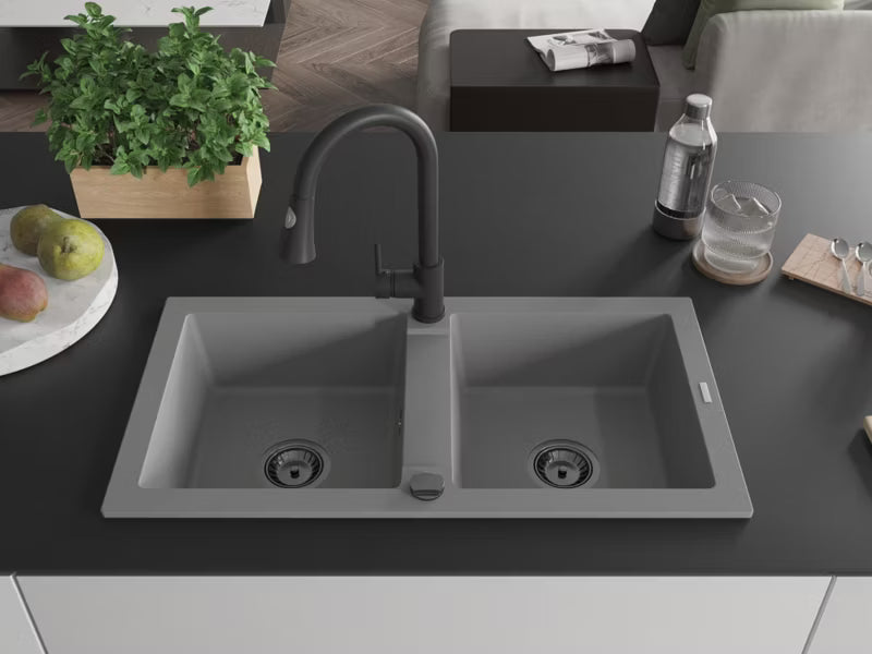 Granitvask Mario 2-Kammer 82x43,6 cm Grå med Armatur