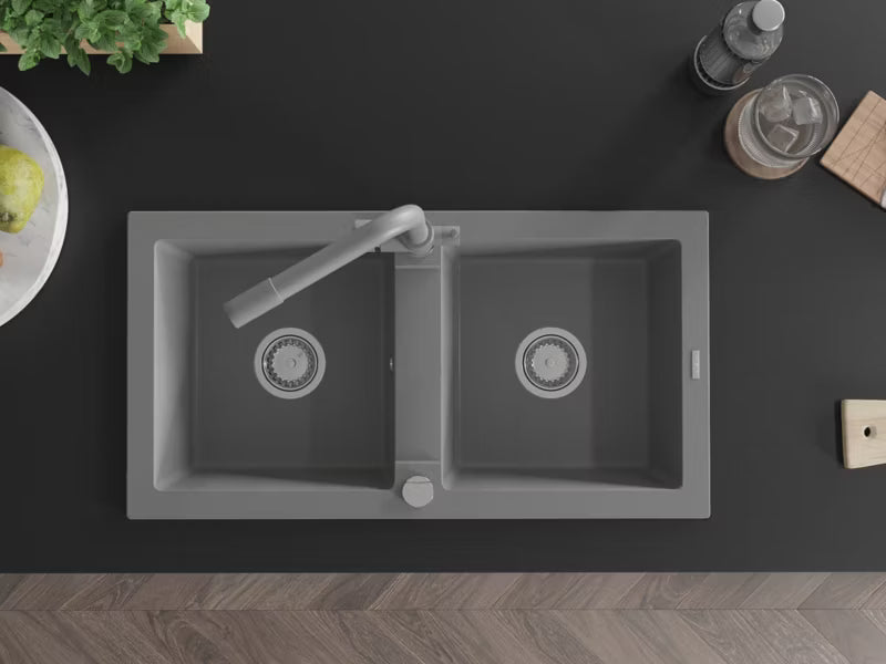 Granitvask Mario 2-Kammer 82x43,6 cm Grå med Armatur
